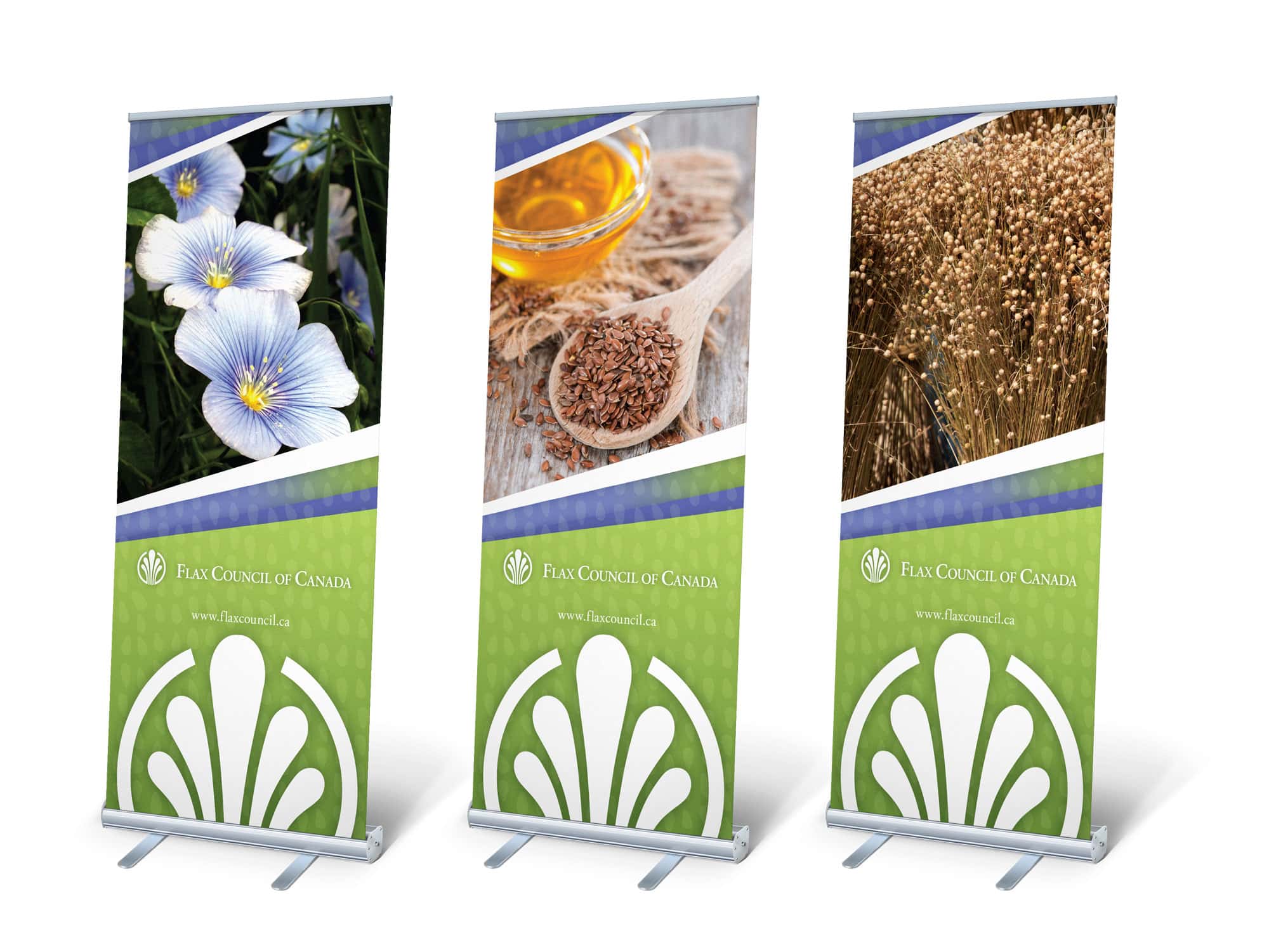 Rollup_Stand_mockup-fcc Large event banners featuring various parts of flax and the Flax Council's logo.