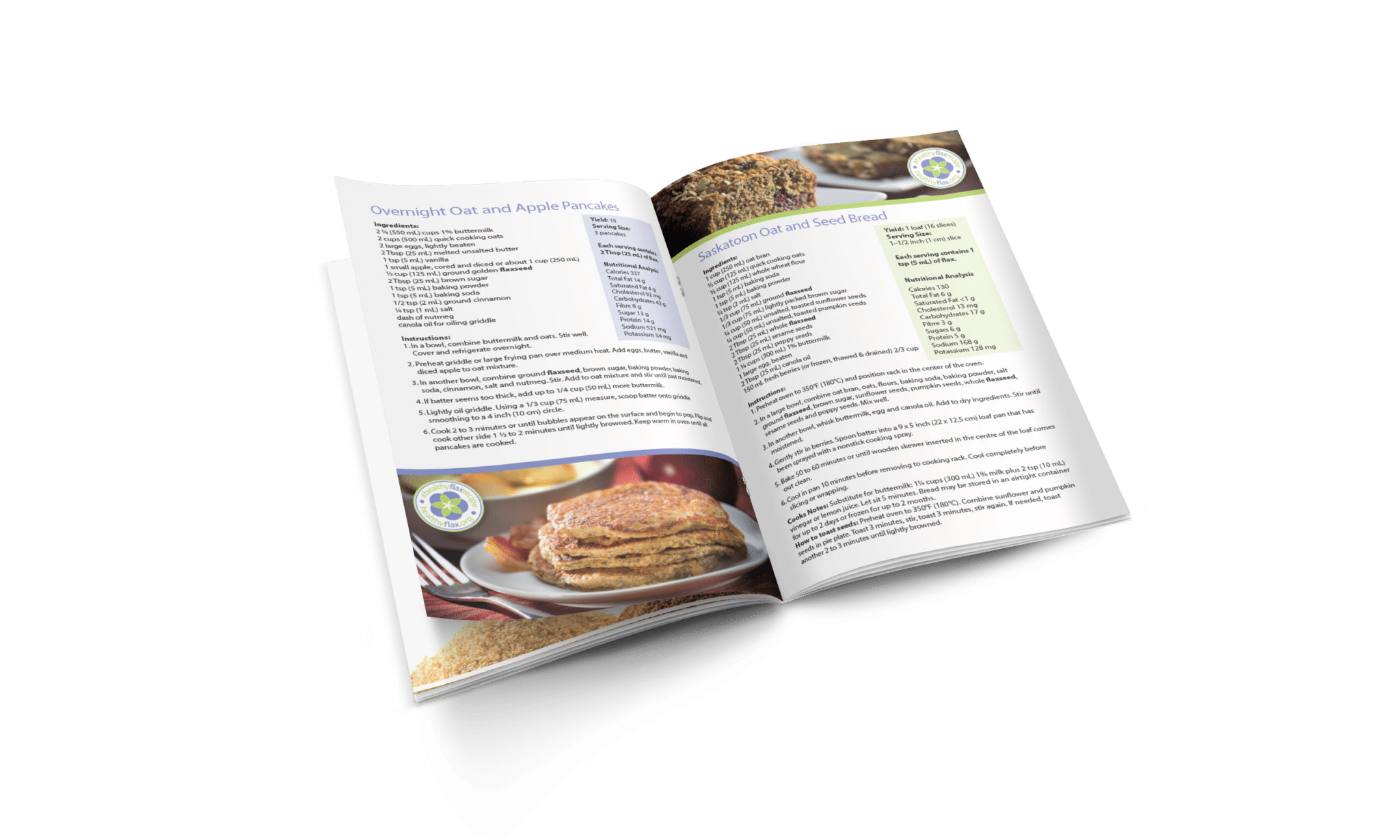 recipe book mockup An inside page turn of the recipe book layout, featuring overnight oat and apply pancakes and saskatoon oat and seed bread.